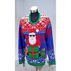 Jolly Sweaters Mens Medium Ugly Christmas Sweater Santa Sunglasses Sequins Blue